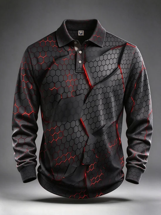 Moisture-Wicking  Abstract 3D Geometric Color-Block & Crackle Print Long-Sleeve Hawaiian Golf Polo