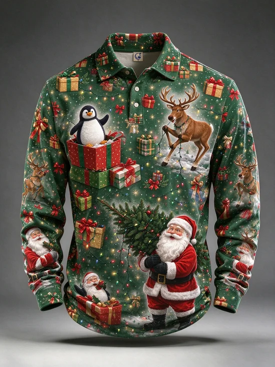 Moisture-Wicking Christmas Tree Snowflake Santa Reindeer String Lights  Long-Sleeve Hawaiian Golf Polo