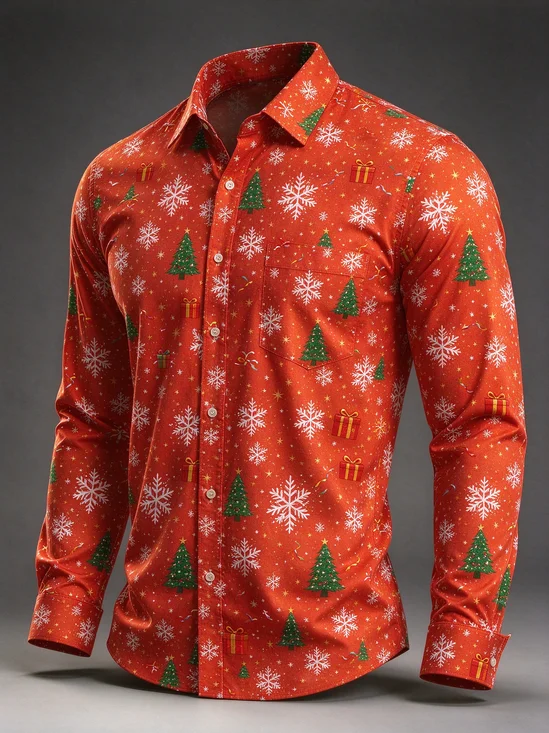 Moisture-Wicking Christmas Trees Snowflake Plaid  Ornaments Long Sleeve Chest Pocket Hawaiian Shirt