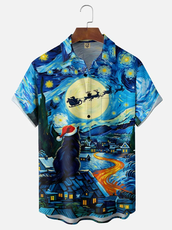 Moisture-Wicking Fun Christmas  Cat In Santa Hat Art Print  Chest Pocket Hawaiian Shirt
