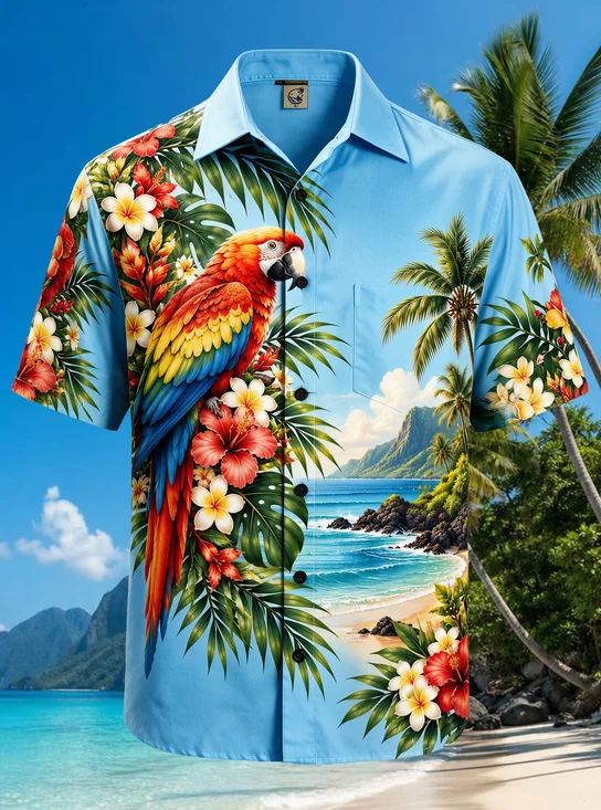 Moisture-Wicking Parrot Tropical Beach Hibiscus Chest Pocket Hawaiian Shirt