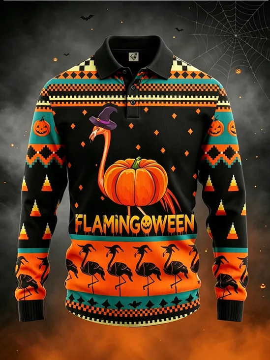 Moisture-Wicking Gradient Halloween Print Flamingos In Witch Hats & Pumpkins Long-Sleeve Hawaiian Golf Polo