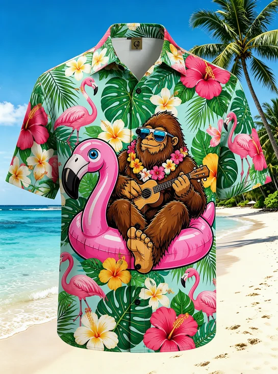 Moisture-Wicking Bigfoot Ukulele Flamingo Float Tropical Hibiscus Chest Pocket Hawaiian Shirt
