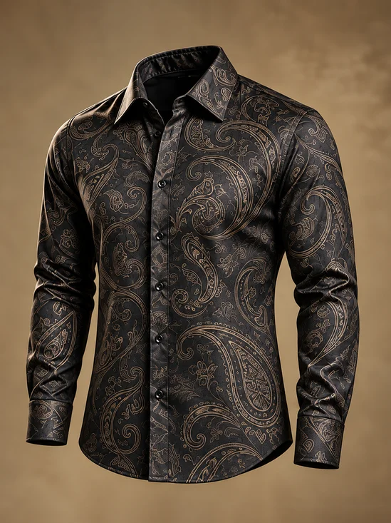 Moisture-Wicking Subtle Vintage Paisley Pattern Casual Long-Sleeve Shirt