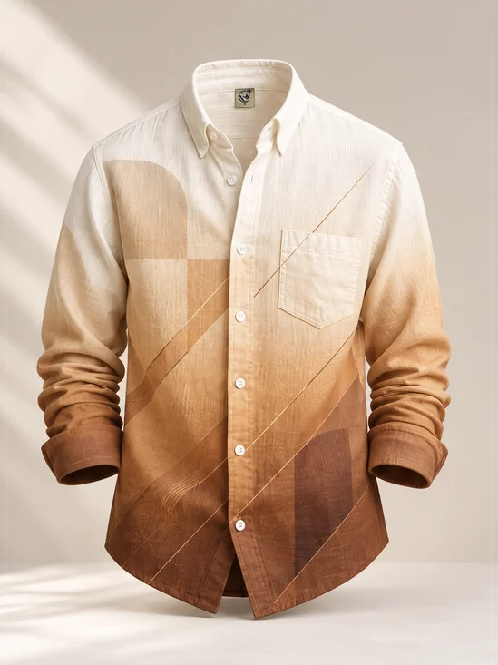 Linen-Texture Abstract Geometric Gradient Chest Pocket Casual Long-Sleeve Shirt