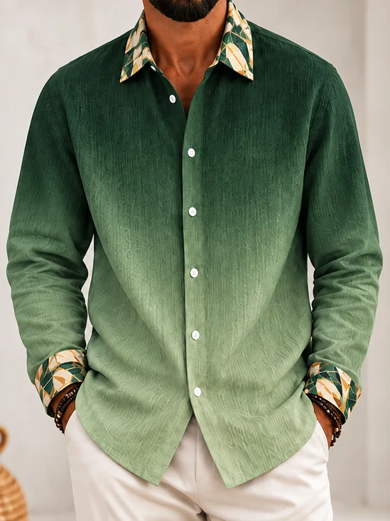 Moisture-Wicking Solid-Color Panels Geometric Gradient Casual Long-Sleeve Shirt
