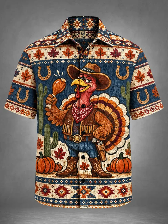 Moisture-Wicking Cowboy Turkey Thanksgiving Pumpkin Cactus Knit Style Chest Pocket Hawaiian Shirt