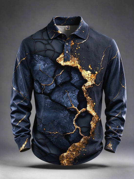 Moisture-Wicking  Abstract 3D Marble Print with Gradient Colors Long-Sleeve Hawaiian Golf Polo