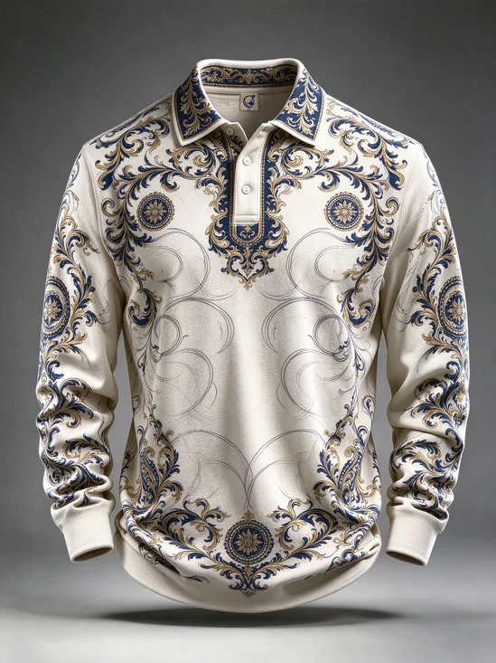 Moisture-Wicking  Abstract 3D Geometric Ethnic-Style Pattern  Long-Sleeve Hawaiian Golf Polo