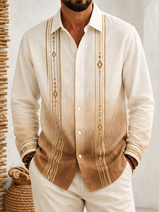 Linen-Texture Abstract Gradient Geometric Line Casual Long-Sleeve  Guayabera Shirt