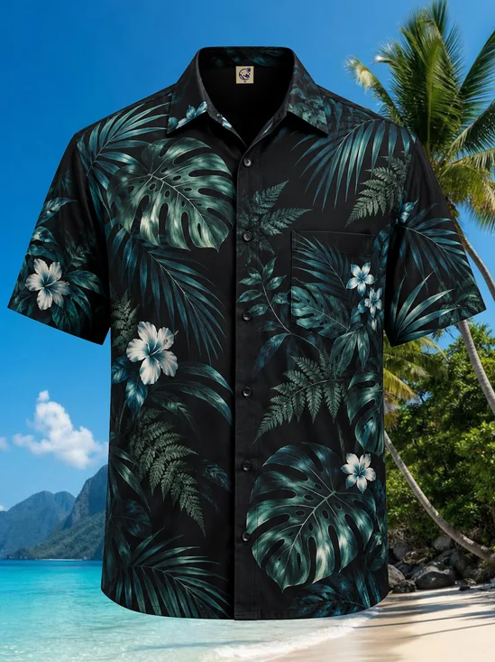 Moisture-Wicking Tropical Monstera Leaf Hibiscus Chest Pocket Hawaiian Shirt
