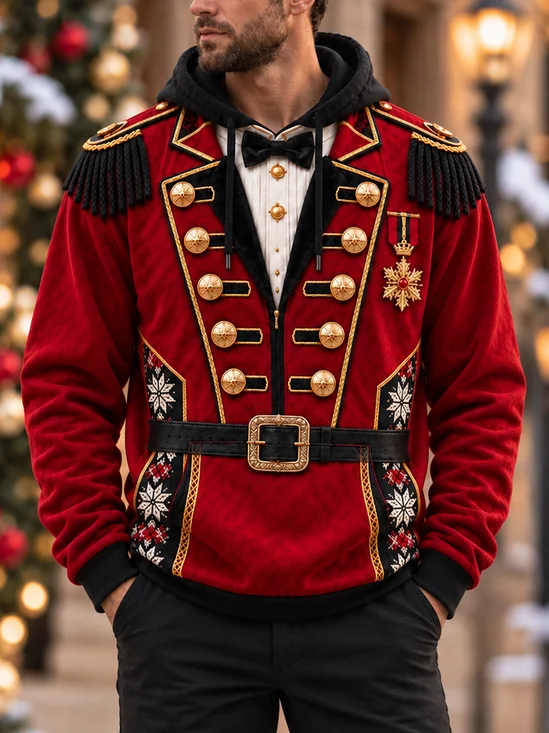 Ugly Christmas Red Military Band Jacket Christmas Snowflake 3D Printing Kangaroo-Pocket Hoodie Sweatshirt