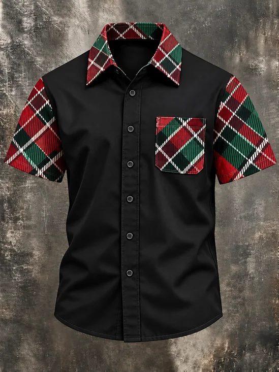 Moisture-wicking Christmas Plaid Chest Pocket Casual Shirt