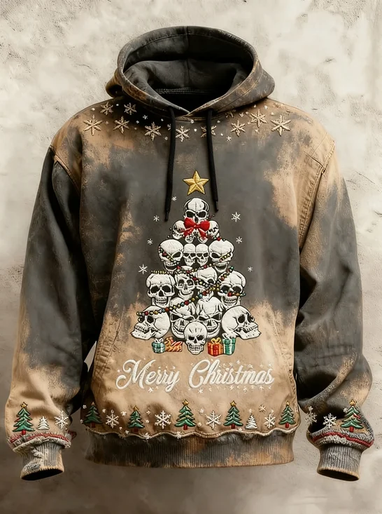 Merry Christmas Skull Christmas Tree Vintage Bleached Kangaroo-Pocket Hoodie Sweatshirt