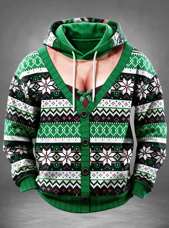 Ugly Christmas Fake V Neck Cardigan Christmas Fair Isle 3D Printing Kangaroo-Pocket Hoodie Sweatshirt
