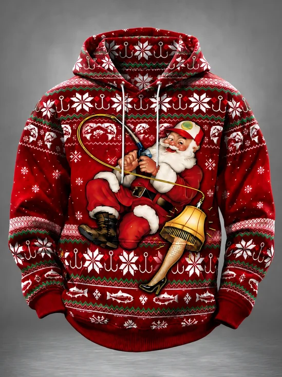 Christmas Santa Fishing Leg Lamp Funny Ugly Christmas Kangaroo-Pocket Hoodie Sweatshirt