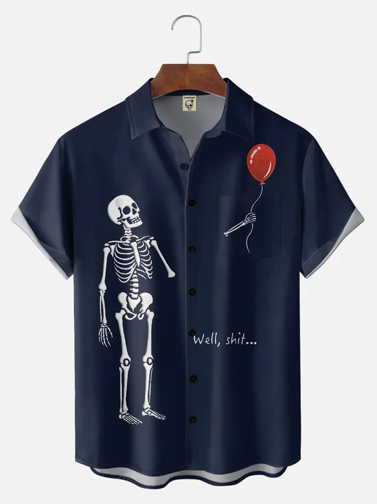 Big Size Moisture-wicking Halloween Skeleton Chest Pocket Casual Shirt