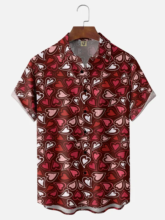 Moisture-Wicking Valentine’s Day Heart-Print Chest Pocket Hawaiian Shirt
