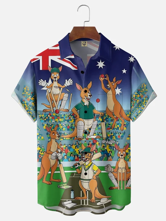 Moisture-Wicking Sports Day Kangaroo & Baseball Print  Chest Pocket Hawaiian Shirt