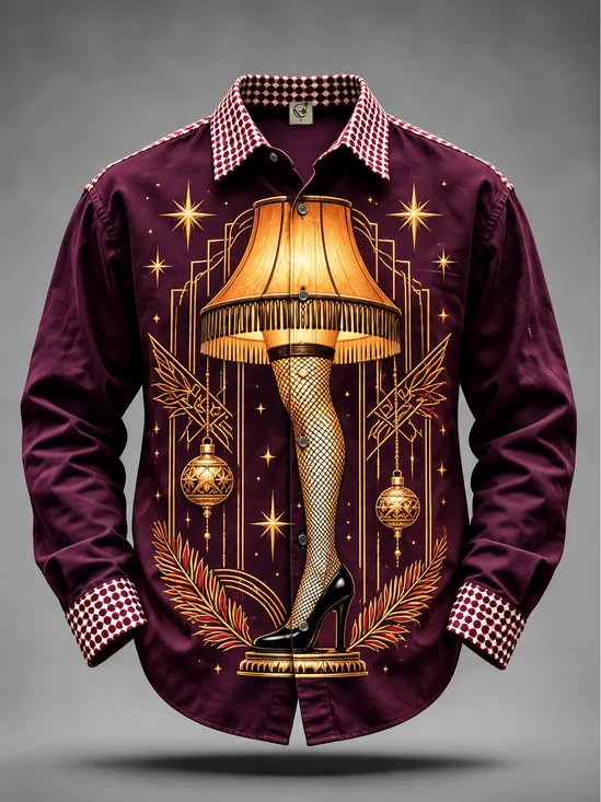 Moisture-Wicking Christmas Leg-Lamp Print  Chest Pocket Long-Sleeve Casual Shirt