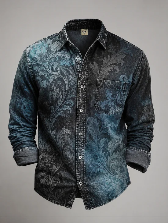 Tall Size Moisture-wicking Retro Botanical Leaf Floral Chest Pocket Casual Long-Sleeve Shirt