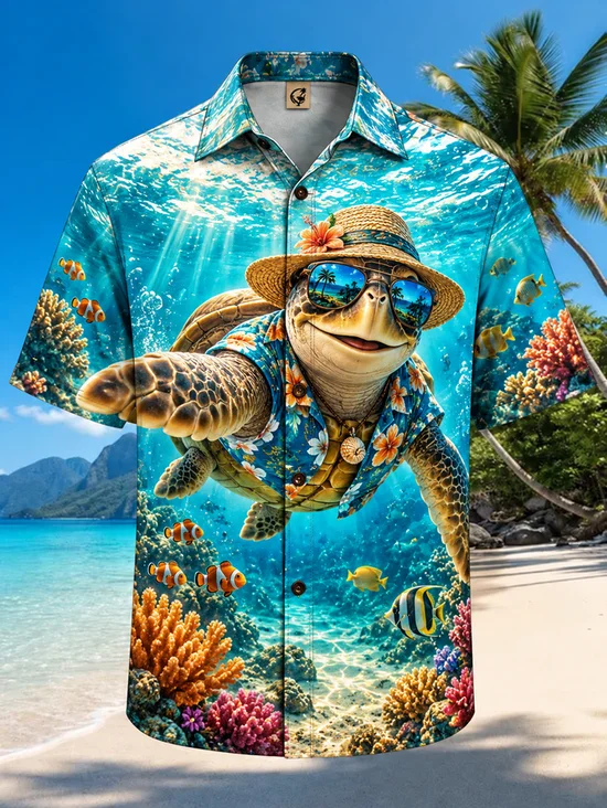 Tall Size Moisture-Wicking Funny Sea Turtle Straw Hat Sunglasses Underwater Coral Reef Tropical Fish Chest Pocket Hawaiian Shirt