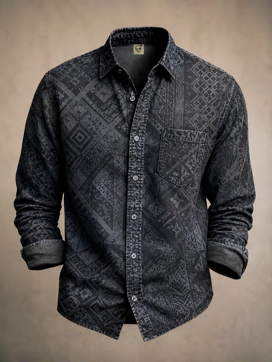 Tall Size  Moisture-Wicking Abstract Geometric Gradient  Chest Pocket Long-Sleeve Casual Shirt
