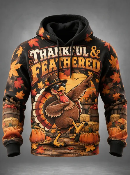 Thanksgiving Thankful & Feathered Cool Turkey Kangaroo-Pocket Hoodie Sweatshirt