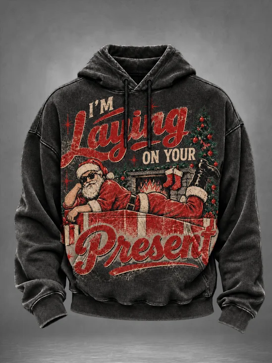 I'm Laying On Your Present Cool Santa Vintage Washed Christmas Kangaroo-Pocket Hoodie Sweatshirt
