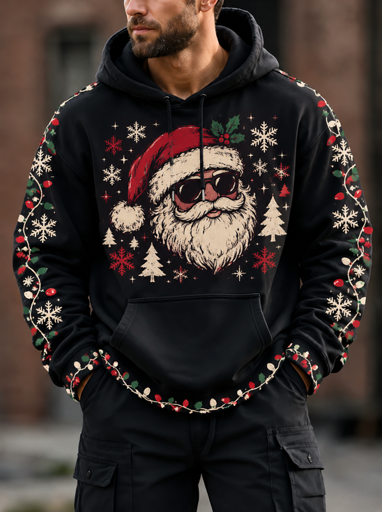 Cool Santa With Sunglasses Christmas Lights Kangaroo-Pocket Hoodie Sweatshirt