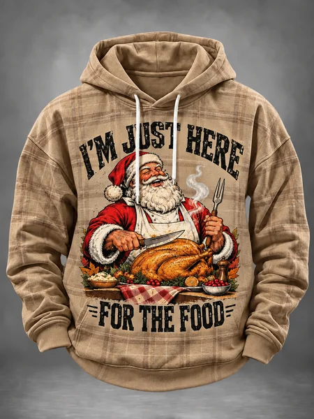 Thanksgiving I'm Just Here For The Food Santa Cooking Turkey Plaid Kangaroo-Pocket Hoodie Sweatshirt