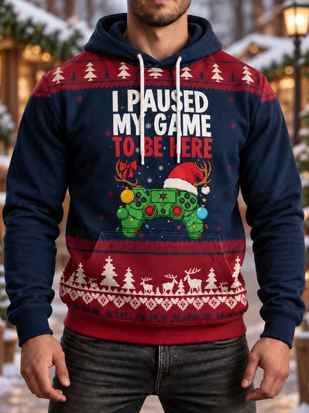 I Paused My Game To Be Here Game Controller Christmas Snowflake Pine Tree Reindeer Fair Isle Pattern Ugly Christmas Kangaroo-Pocket Hoodie Sweatshirt