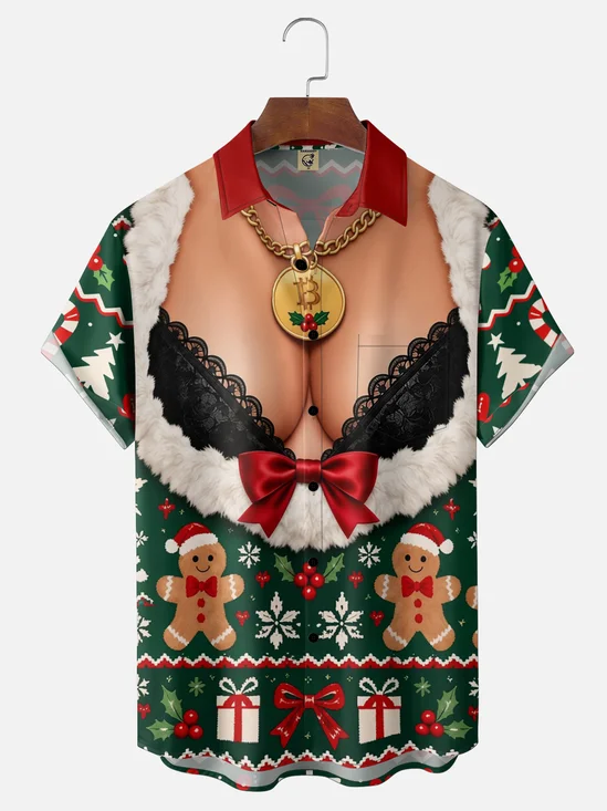 Moisture-Wicking Christmas-Themed  Featuring Gingerbread Men Santa Hats  Snowflakes Chest Pocket Hawaiian Shirt