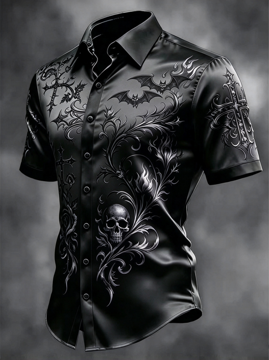 Breathable Silk Satin  Subtle Bat Pattern Halloween Style Casual Shirt
