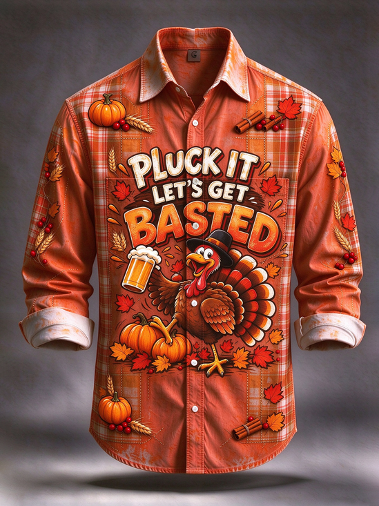 Moisture-Wicking Thanksgiving  Featuring Turkeys Plaid Maple Leaves  Pumpkins  Long-Sleeve  Chest Pocket Hawaiian Shirt