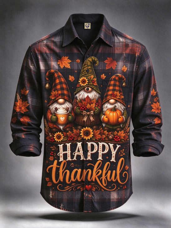 Moisture-Wicking Thanksgiving Gnome Maple Leaf  Pumpkin Long-Sleeve  Chest Pocket Hawaiian Shirt