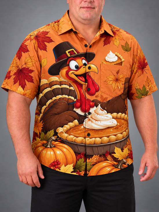 Big Size Moisture-Wicking Cartoon Pilgrim Turkey Pumpkin Pie Maple Leaf Thanksgiving Chest Pocket Holiday Hawaiian Shirt