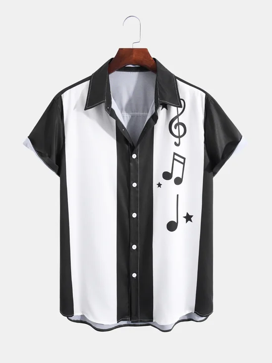 Mens Music Note Print Casual Breathable Loose Short Sleeve Bowling Shirts