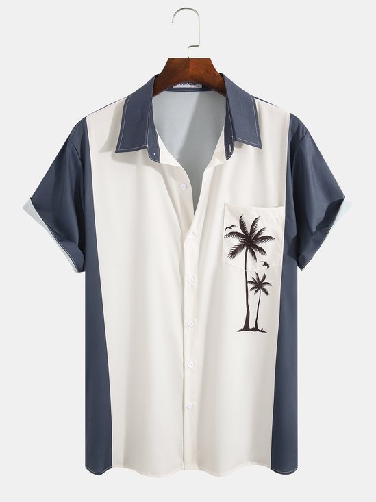 Mens Billiard Shirt Coconut Tree Print Breathable Casual Hawaiian Shirt