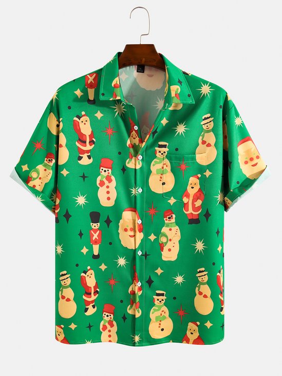 Mens Santa Print Casual Breathable Hawaiian Short Sleeve Shirt