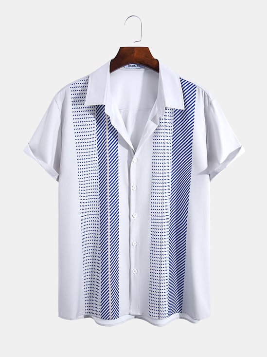 Mens Striped Print Round Hem Loose Short Sleeve Shirts