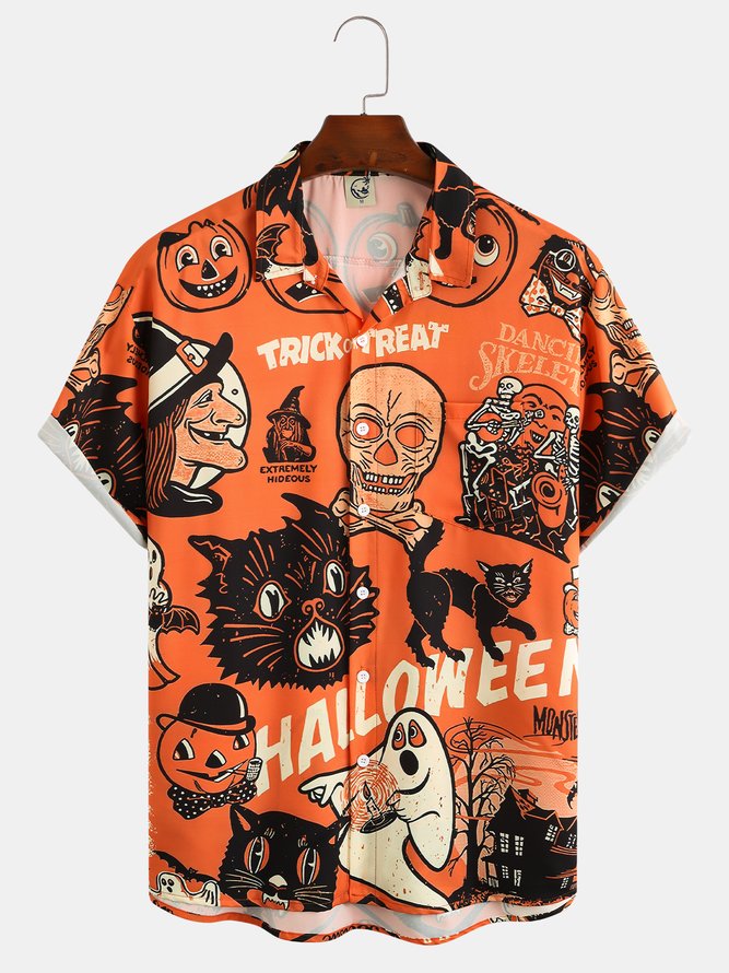 Men's Halloween Cat Print Casual Breathable Short Sleeve Shirt