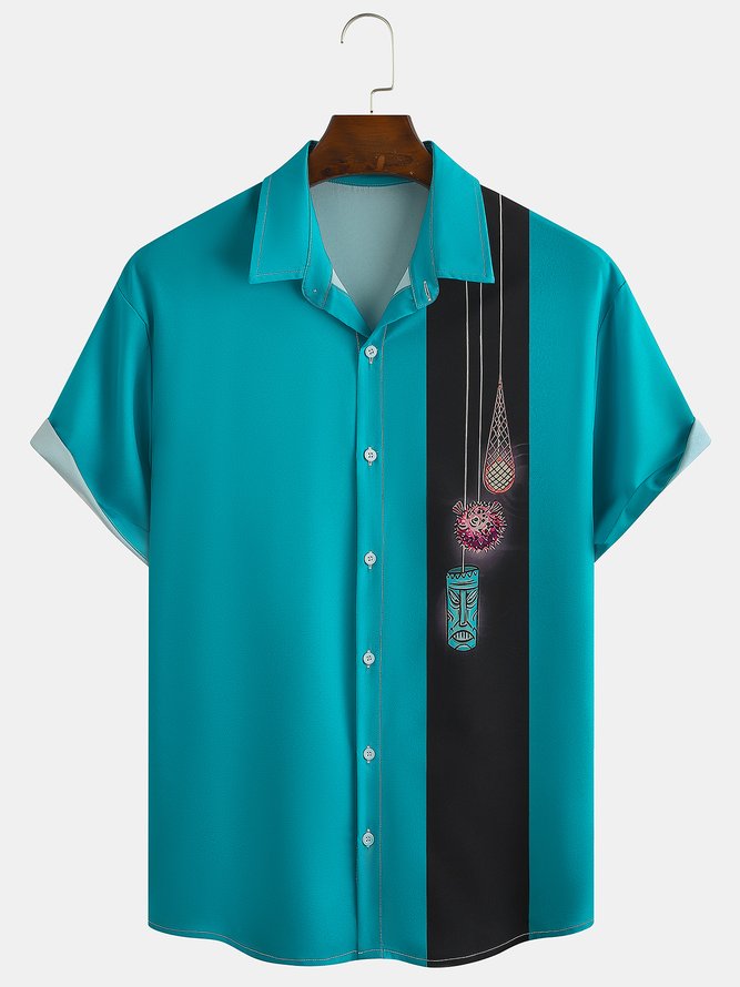 Resort Style Hawaiian Series Marine Element Pattern Lapel Short-Sleeved Printed Shirt Top