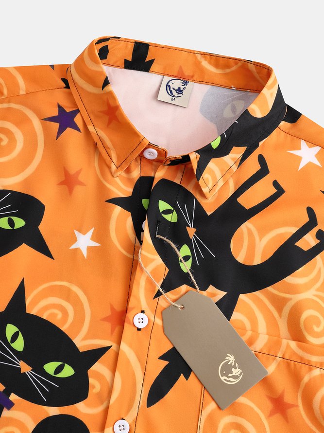 Mens Funky Halloween Cats Print Front Buttons Soft Breathable Chest Pocket Casual Aloha Shirts