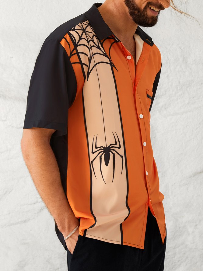 Mens Funky Halloween Spider Print Front Buttons Soft Breathable Chest Pocket Casual Aloha Shirts