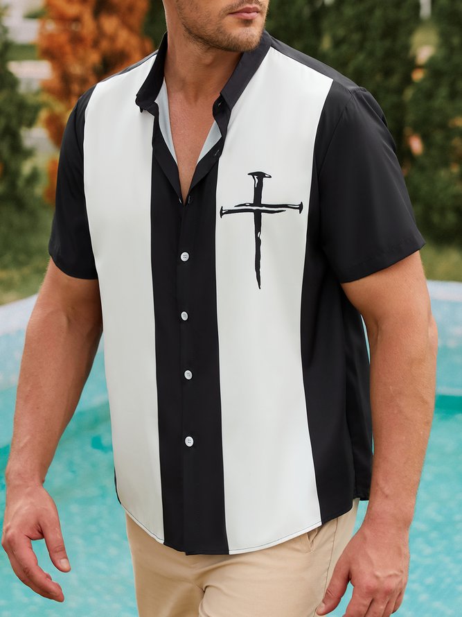 Mens Crucifix Print Casual Breathable Short Sleeve Hawaiian Shirt