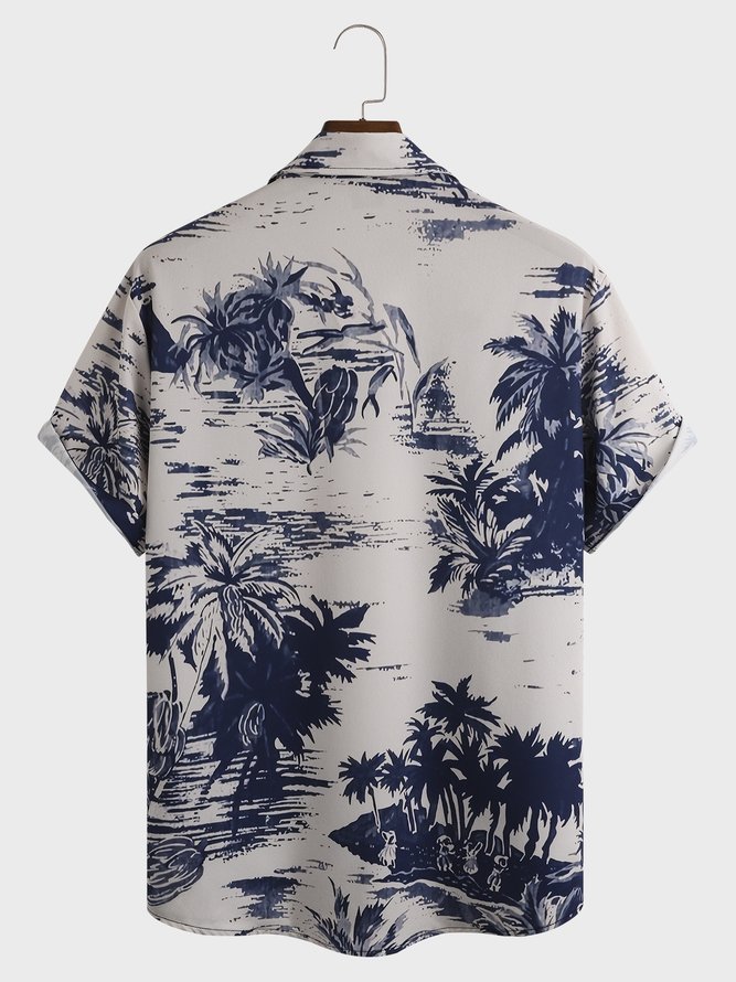 Mens Retro Hawaiian Island Print Front Buttons Soft Breathable Chest Pocket Casual Hawaiian Shirt