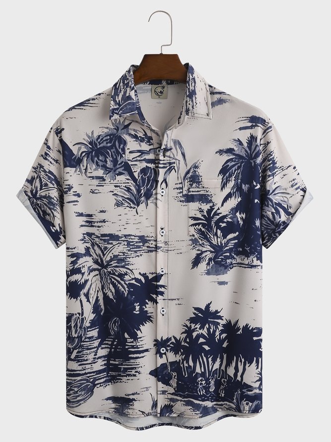 Mens Retro Hawaiian Island Print Front Buttons Soft Breathable Chest Pocket Casual Hawaiian Shirt