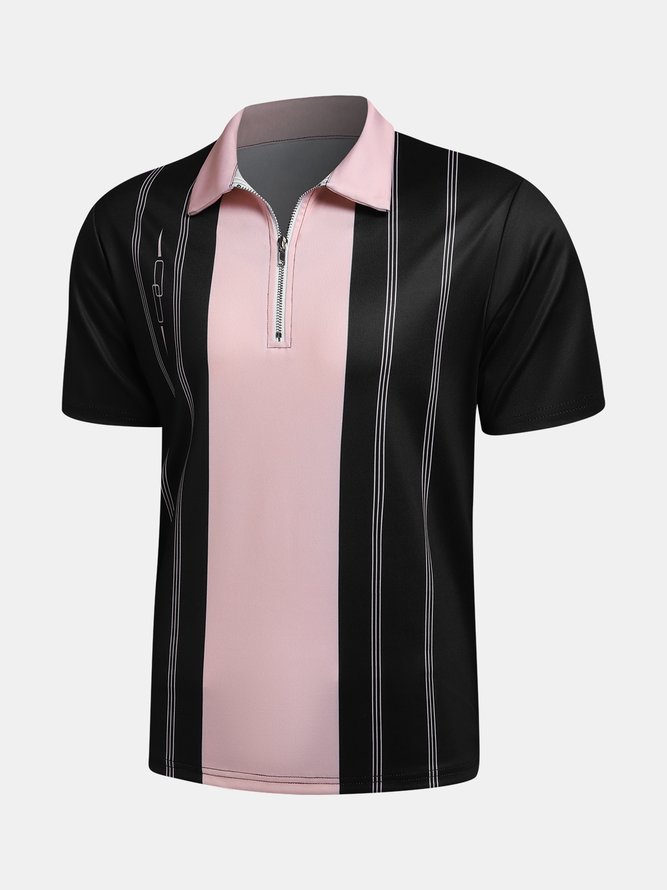 Casual Art Collection Mid-Century Striped Geometric Color Block Pattern Lapel Short Sleeve Polo Print Top