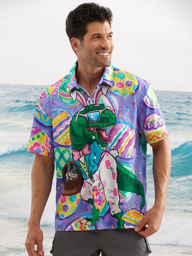 Dinosaur Easter Egg Chest Pocket Short Sleeve Shirt
